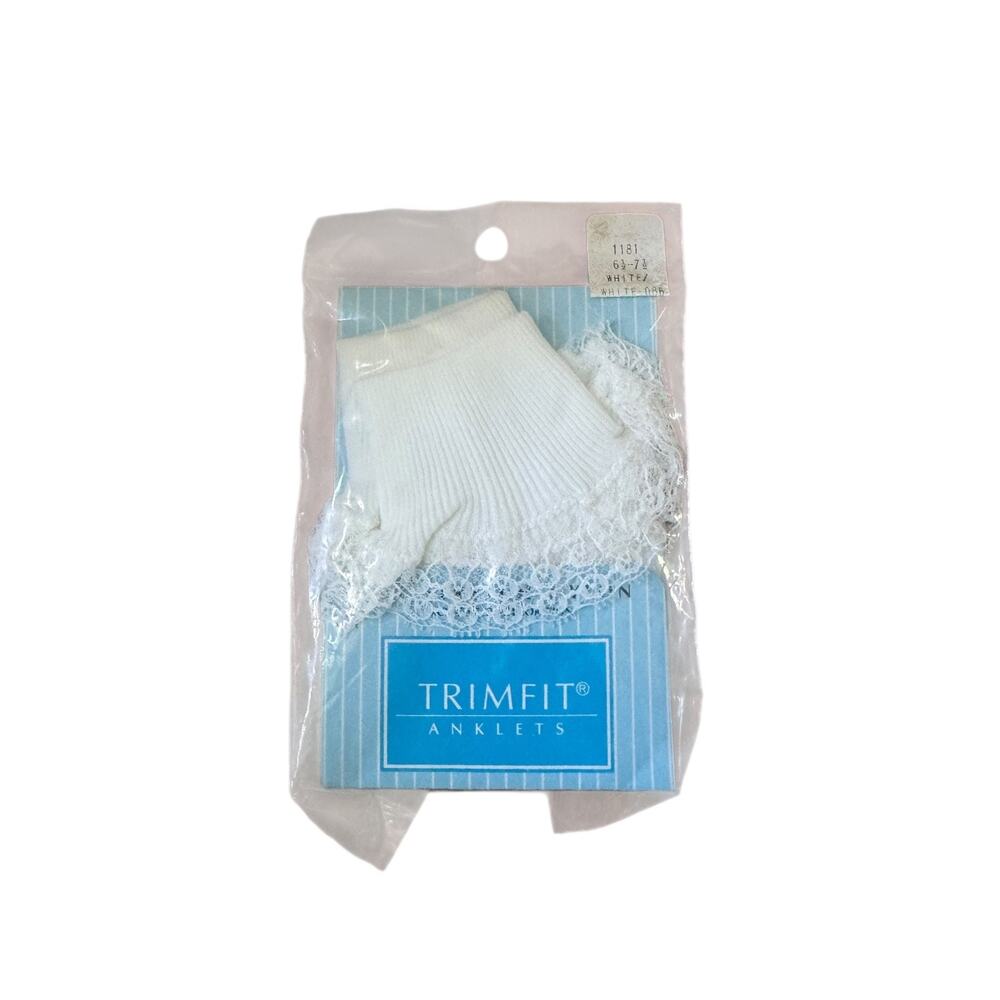 VTG Trimfit Girls White‎ Lace Anklet Socks NIP Sz 6½–7½ Nylon Made in USA